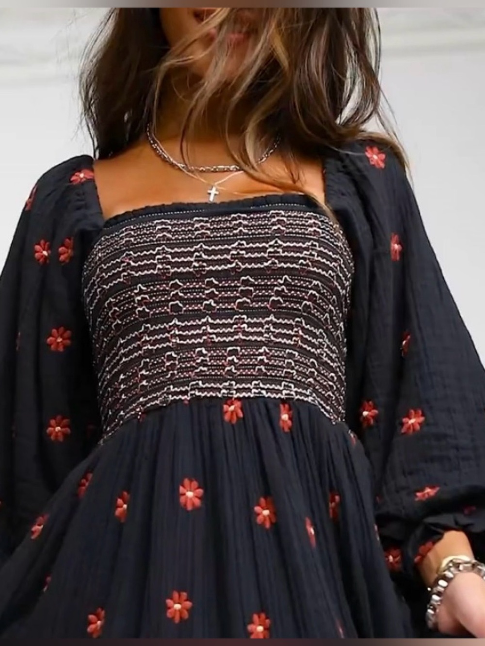 Free People Dahlia black floral embroidered cotton midi maxi dress S Small